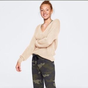 Victorias Secret Pink Heritage V Neck Sweater Cream Oversize Knit Pullov…